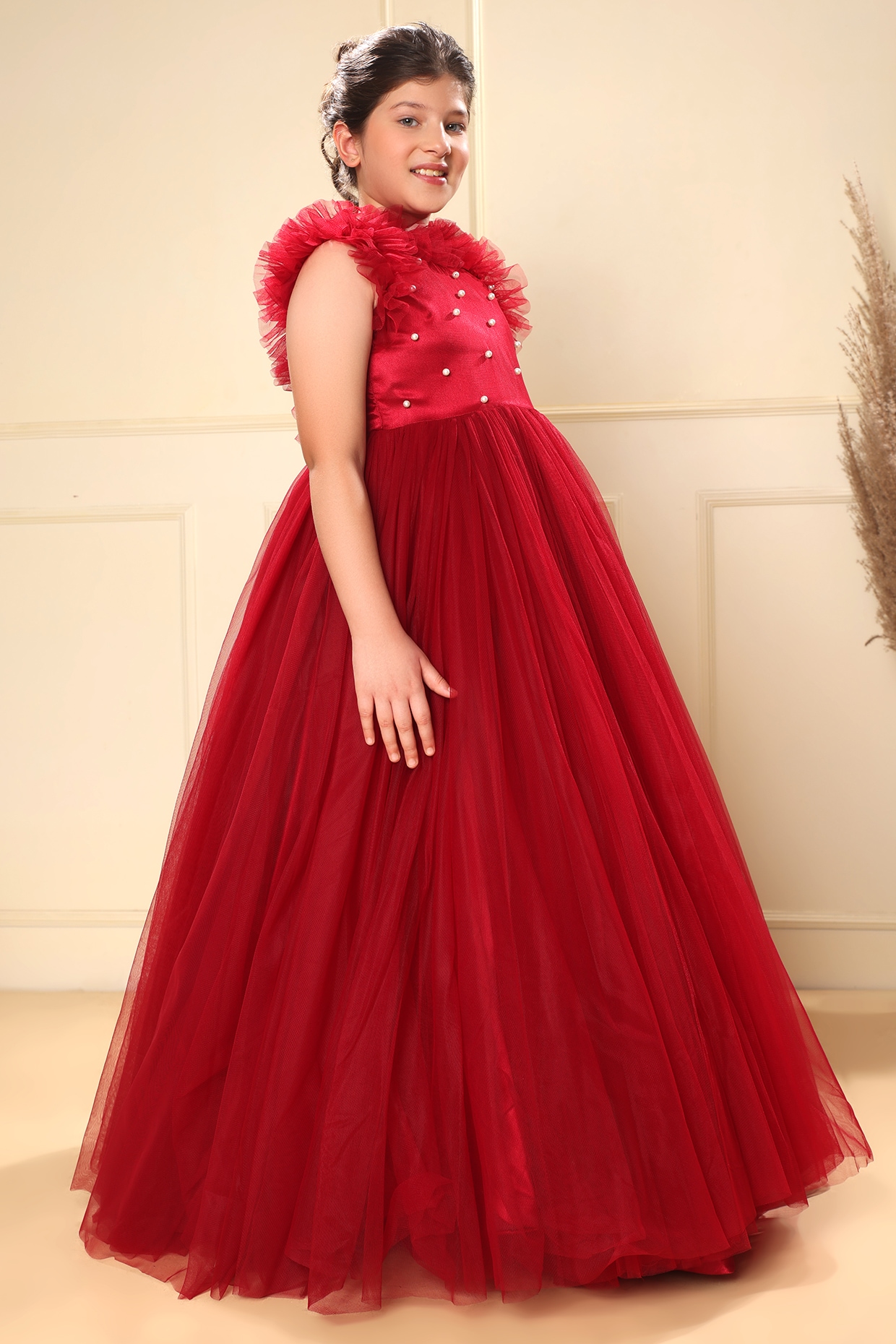 Vintage Red Tulle Wedding Gown Mock Neck Beaded Princess Dress Viniodr –  Viniodress