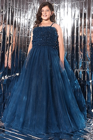 Persian Blue Butterfly Net Crystal Gown For Girls by LittleCheer