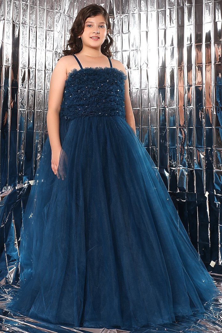 Persian Blue Butterfly Net Crystal Gown For Girls by LittleCheer at Pernia's Pop Up Shop