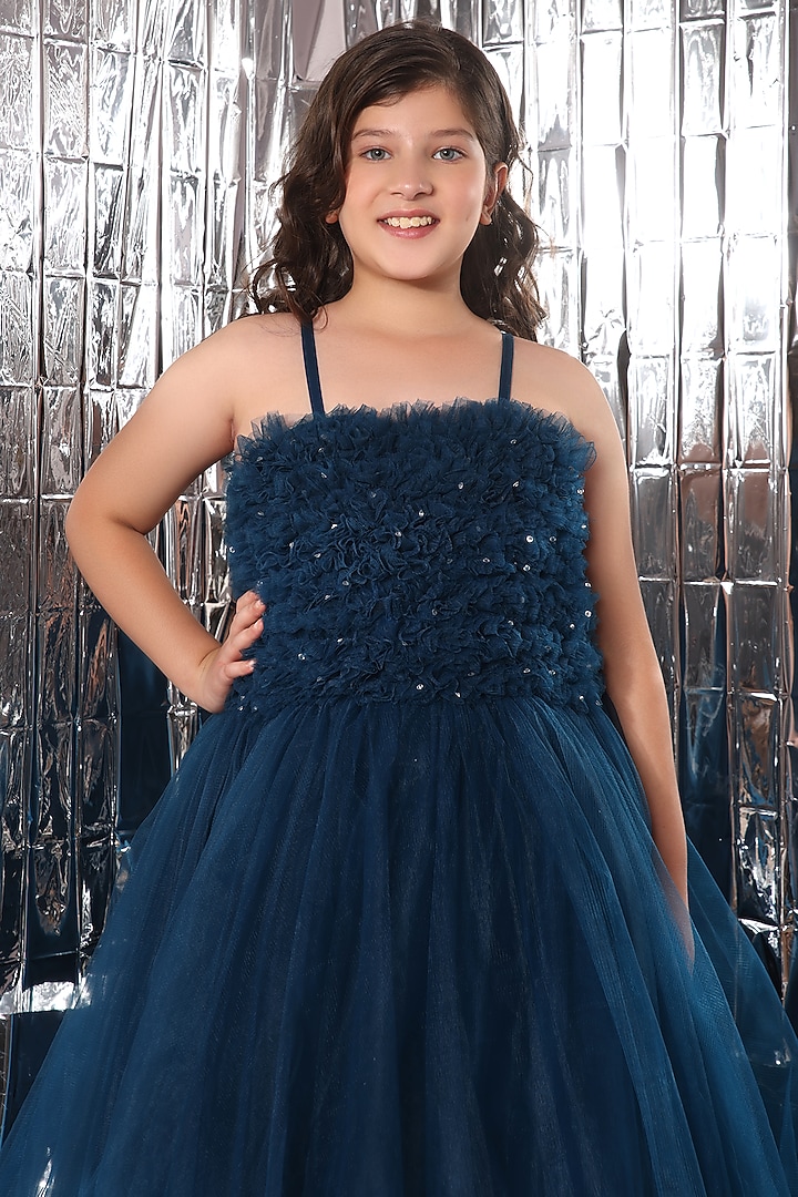 Persian Blue Butterfly Net Crystal Gown For Girls by LittleCheer at Pernia's Pop Up Shop