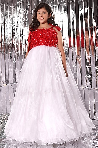 Ivory & Red Butterfly Net Floral Gown for Girls by LittleCheer