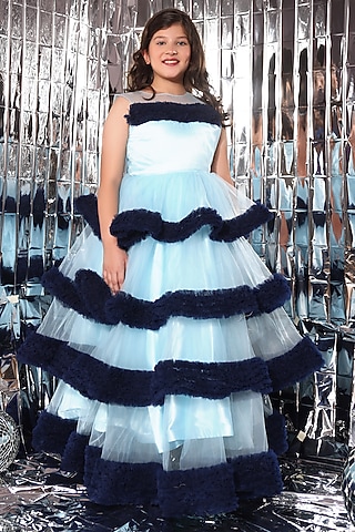 Ice Blue Butterfly Net Ocean Waves Sleeveless Gown For Girls by LittleCheer