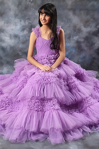 Lavender Butterfly Net Ruffled Gown For Girls by LittleCheer