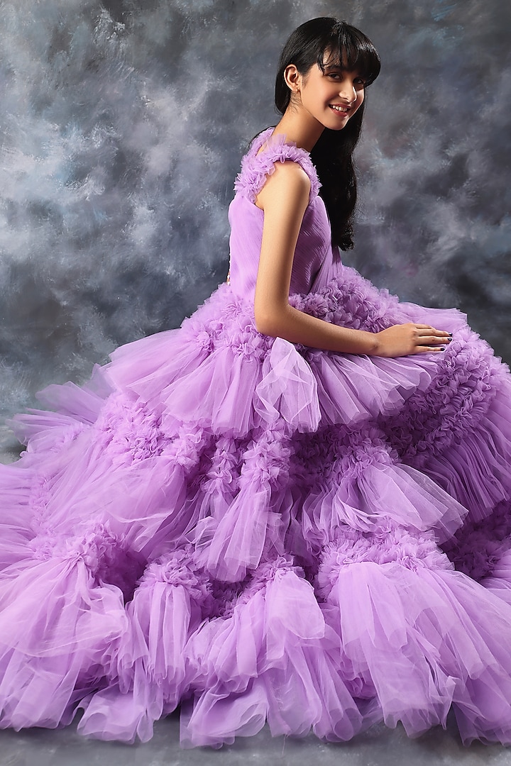 Lavender Butterfly Net Ruffled Gown For Girls by LittleCheer at Pernia's Pop Up Shop