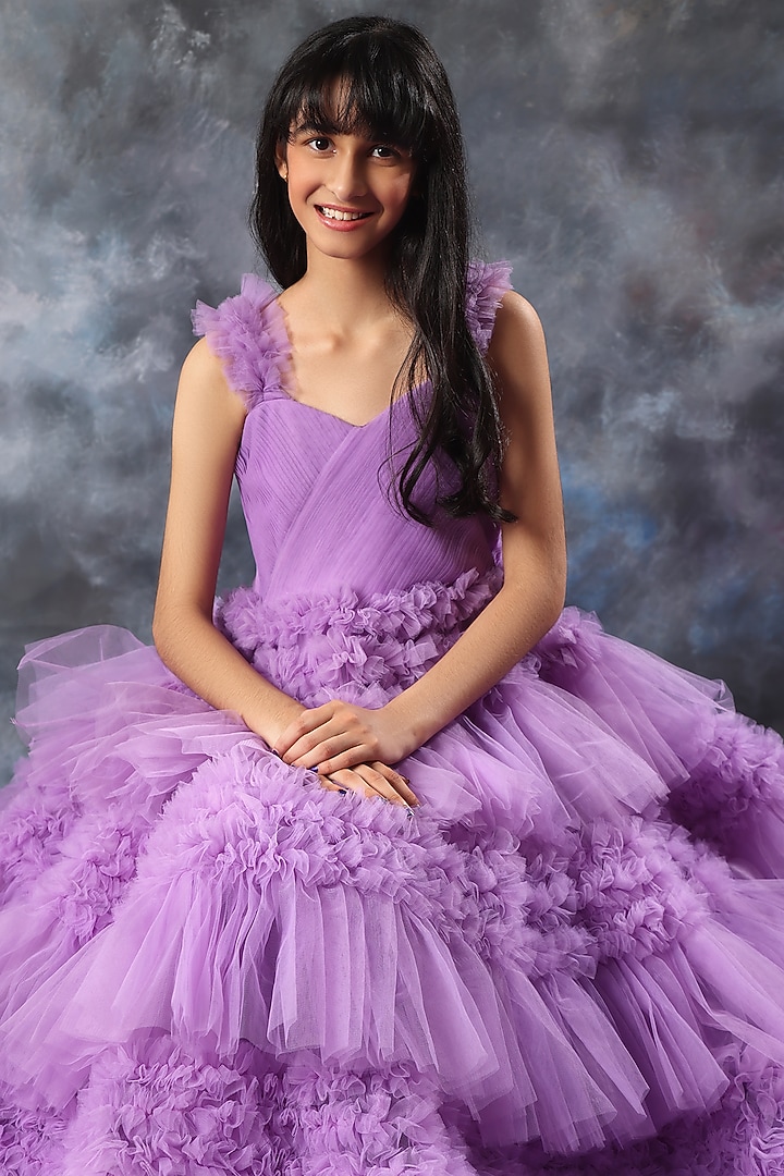 Lavender Butterfly Net Ruffled Gown For Girls by LittleCheer at Pernia's Pop Up Shop