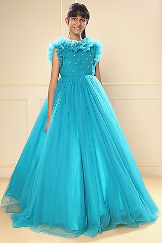 Sly Blue Butterfly Net Pearl Embellished Ruffled Gown For Girls by LittleCheer