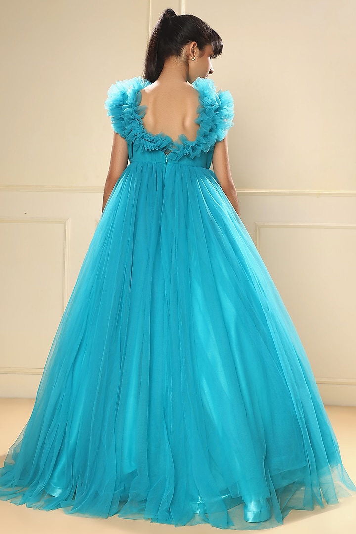 Sly Blue Butterfly Net Pearl Embellished Ruffled Gown For Girls by LittleCheer at Pernia's Pop Up Shop