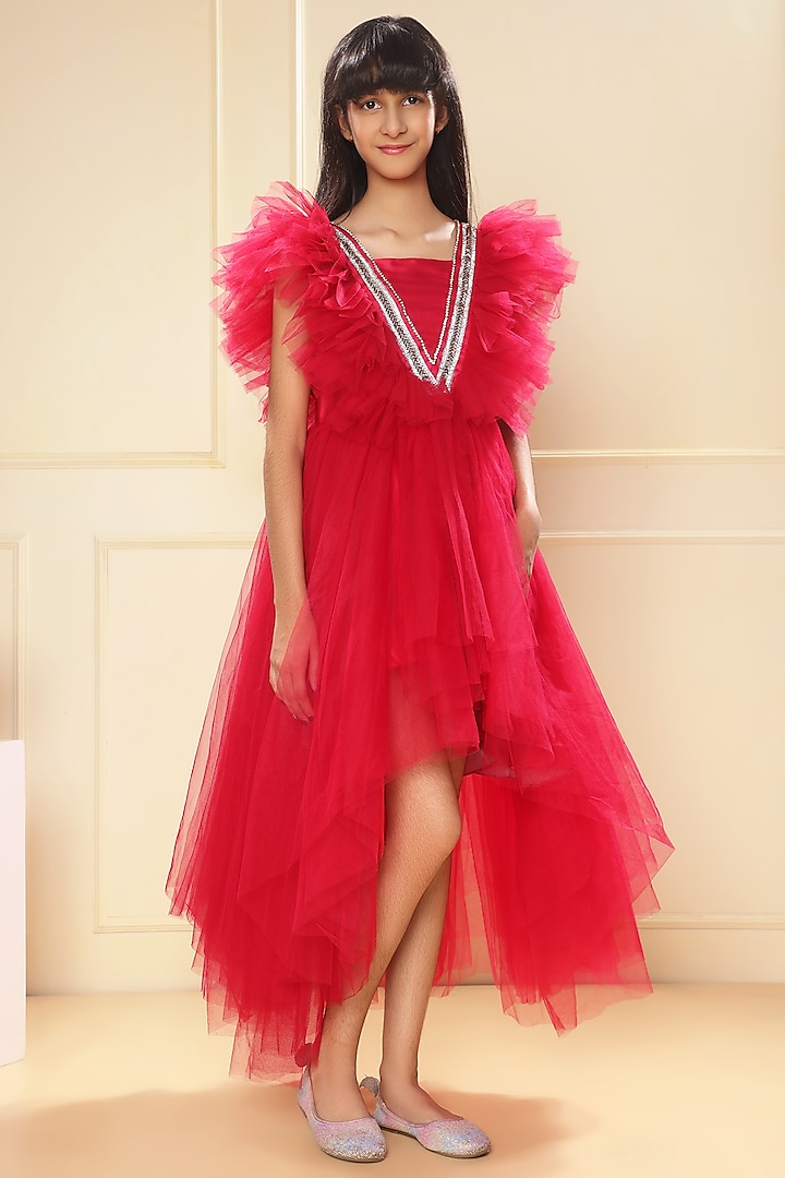 Fuchsia Butterfly Net Crystal Embellished High-Low Gown For Girls Design by  LittleCheer at Pernia's Pop Up Shop 2024