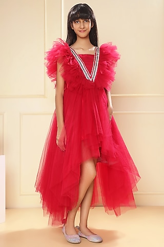 Fuchsia Butterfly Net Crystal Embellished High-Low Gown For Girls by LittleCheer