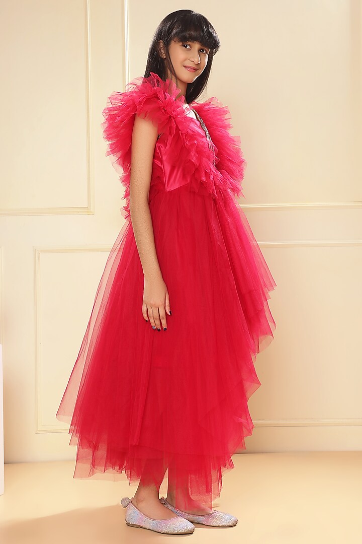 Fuchsia Butterfly Net Crystal Embellished High-Low Gown For Girls by LittleCheer at Pernia's Pop Up Shop
