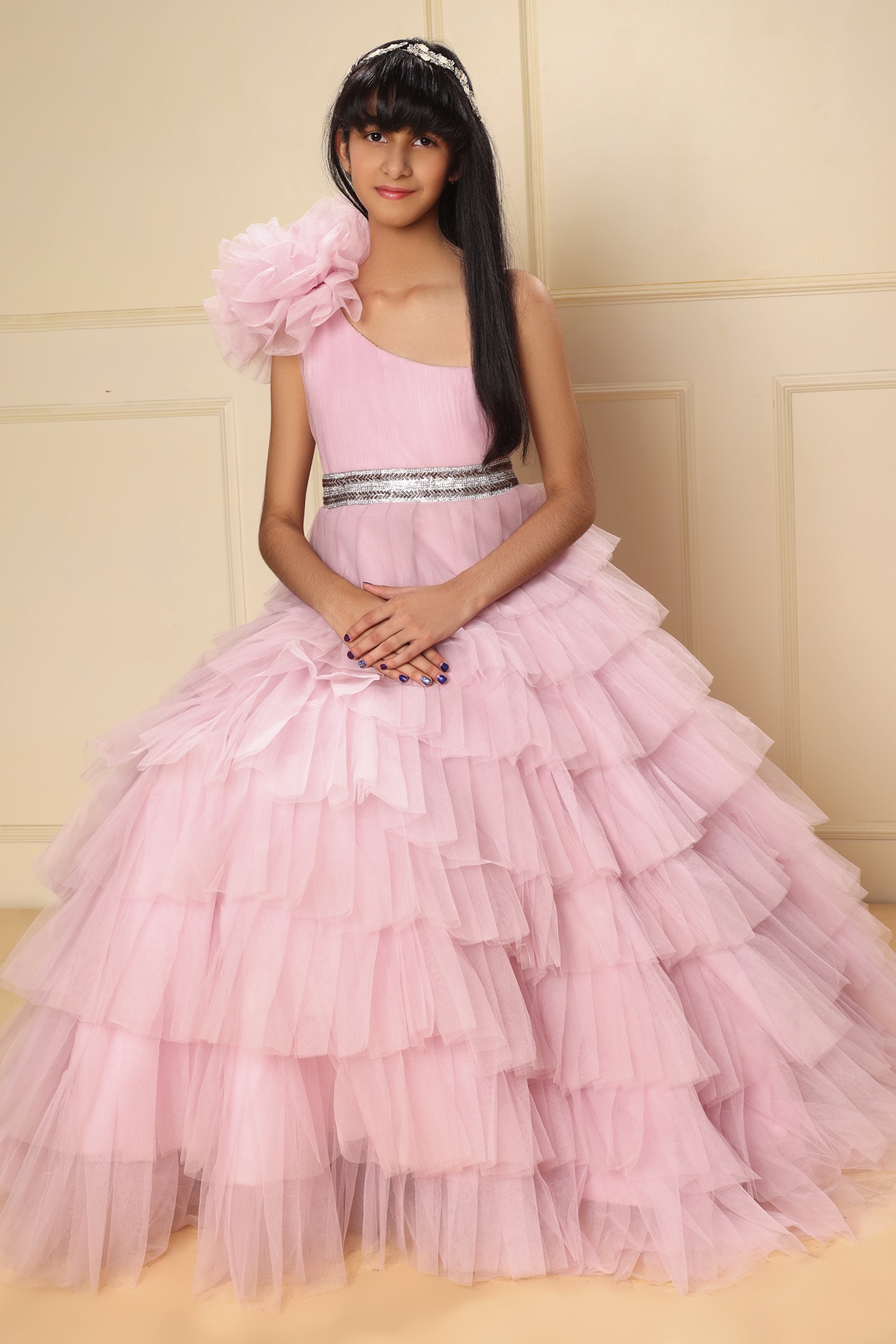 Baby Pink Tulle Floral Flared Gown For Girls by LittleCheer at Pernia s Pop Up Shop