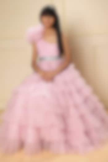 Baby Pink Tulle Floral Flared Gown For Girls by LittleCheer