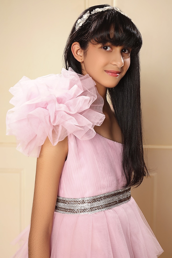 Baby Pink Tulle Floral Flared Gown For Girls by LittleCheer at Pernia's Pop Up Shop