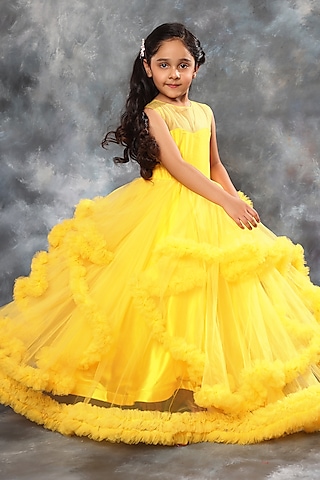 Yellow Butterfly Net Ruffled Layered Gown For Girls by LittleCheer