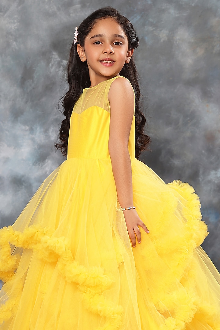 Yellow Butterfly Net Ruffled Layered Gown For Girls by LittleCheer at Pernia's Pop Up Shop