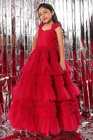 Hot Pink Butterfly Net Frilled Gown For Girls by LittleCheer