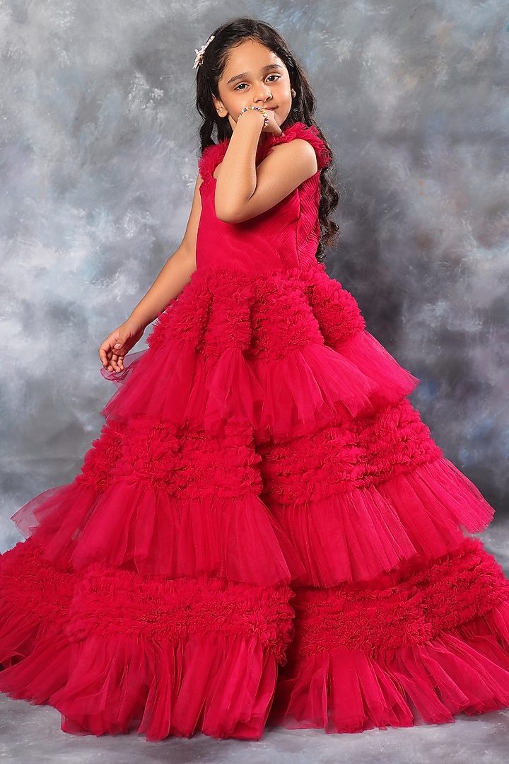 Hot Pink Butterfly Net Frilled Gown For Girls by LittleCheer at Pernia's Pop Up Shop