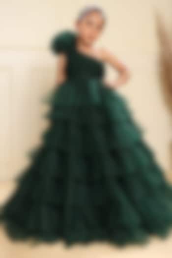 Bottle Green Tulle Floral Flared Gown For Girls by LittleCheer