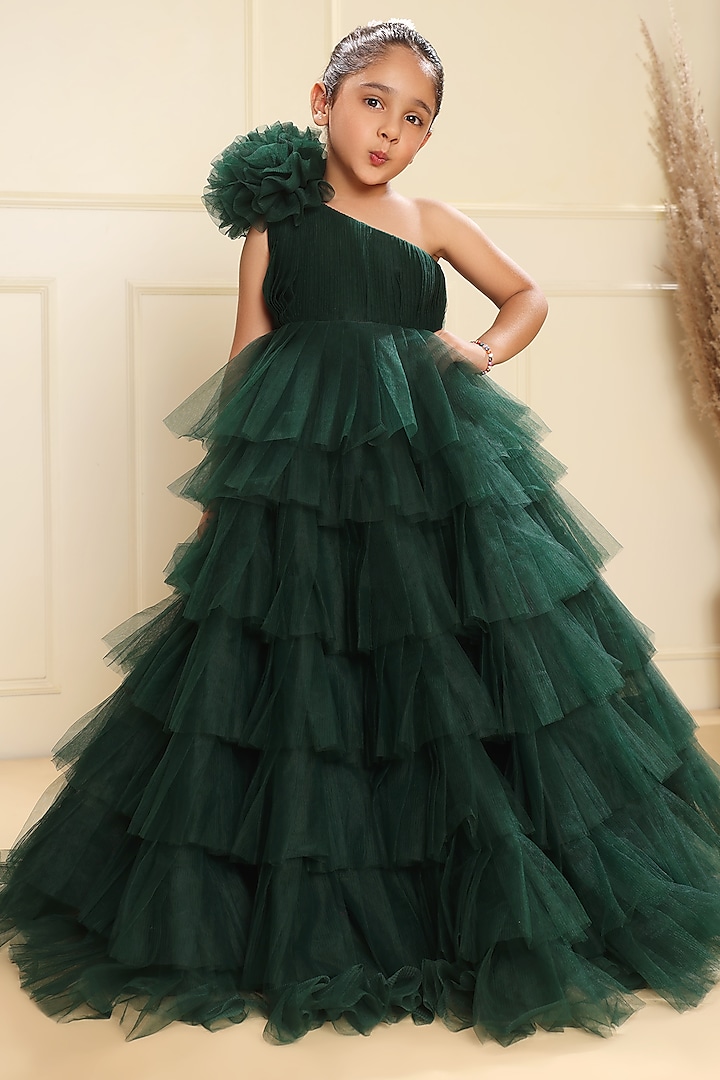 Bottle Green Tulle Floral Flared Gown For Girls by LittleCheer
