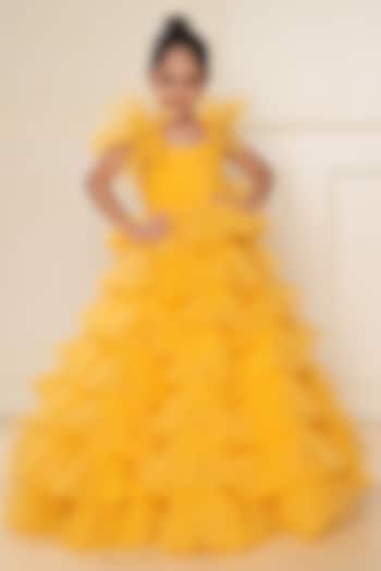 Mango Yellow Butterfly Net Ruffled Gown For Girls by LittleCheer