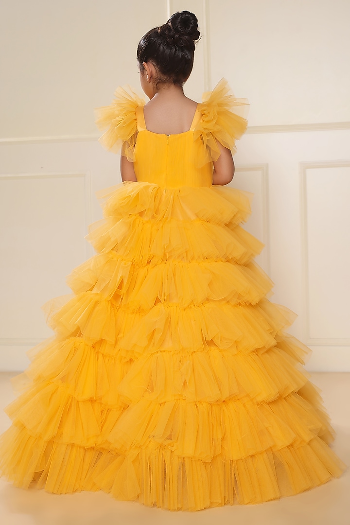 Mango Yellow Butterfly Net Ruffled Gown For Girls by LittleCheer at Pernia's Pop Up Shop