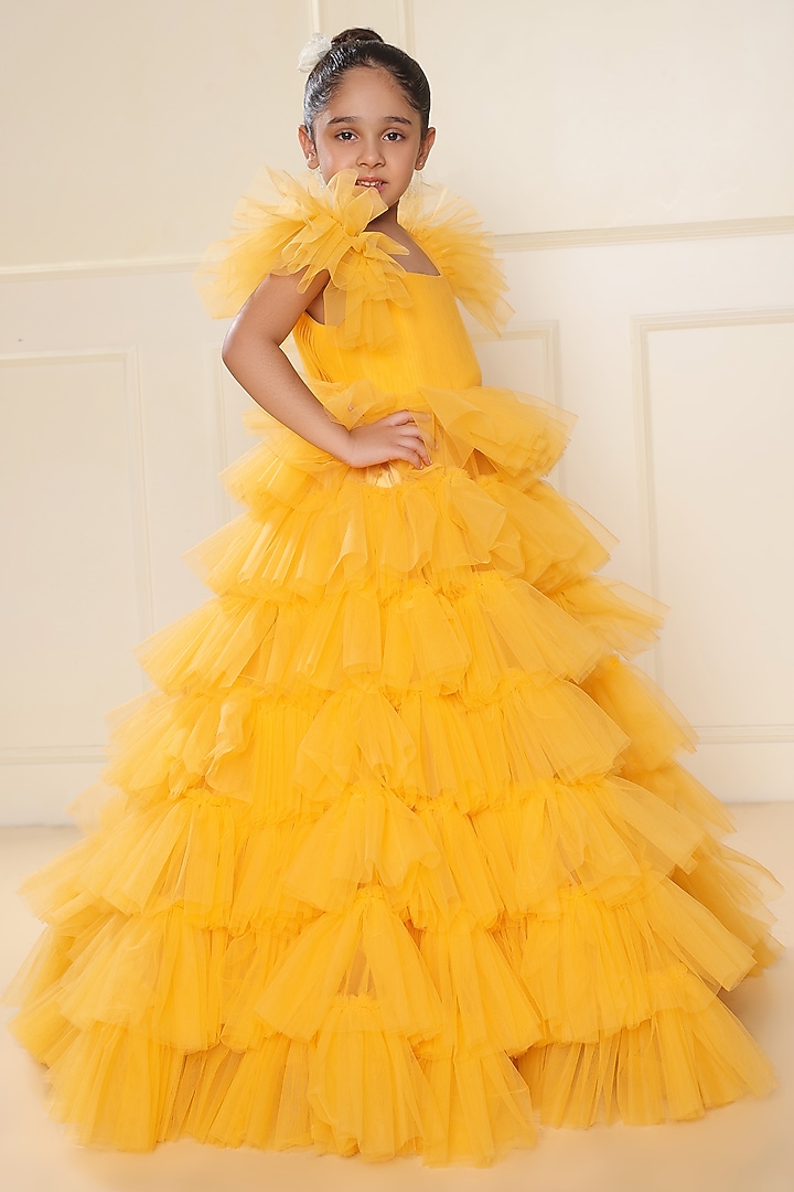 Mango Yellow Butterfly Net Ruffled Gown For Girls by LittleCheer at Pernia's Pop Up Shop