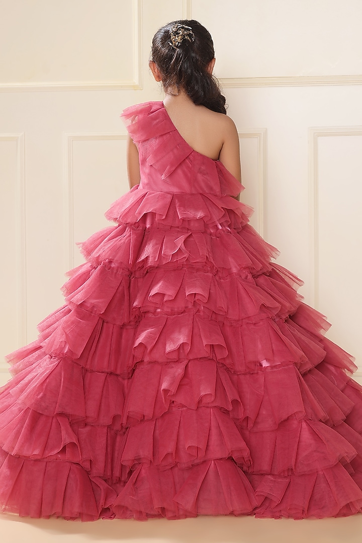 Onion Pink Butterfly Net One-Shoulder Floral Gown For Girls by LittleCheer at Pernia's Pop Up Shop