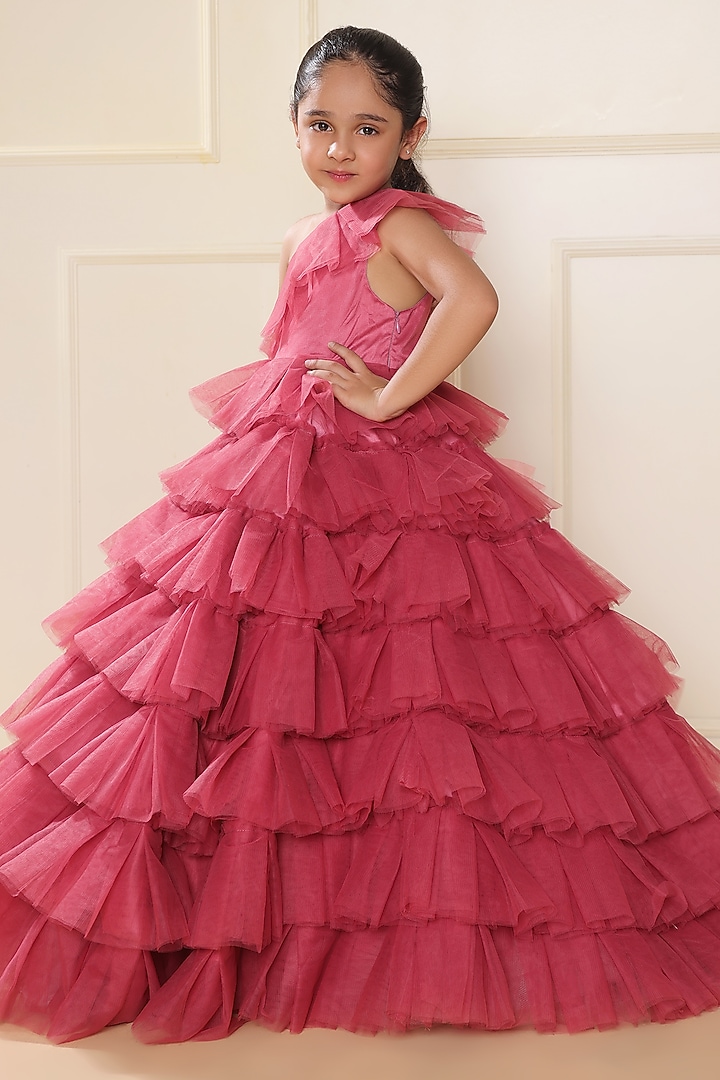 Onion Pink Butterfly Net One-Shoulder Floral Gown For Girls by LittleCheer at Pernia's Pop Up Shop