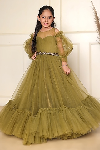 Olive Green Butterfly Net Gown With Belt For Girls by LittleCheer