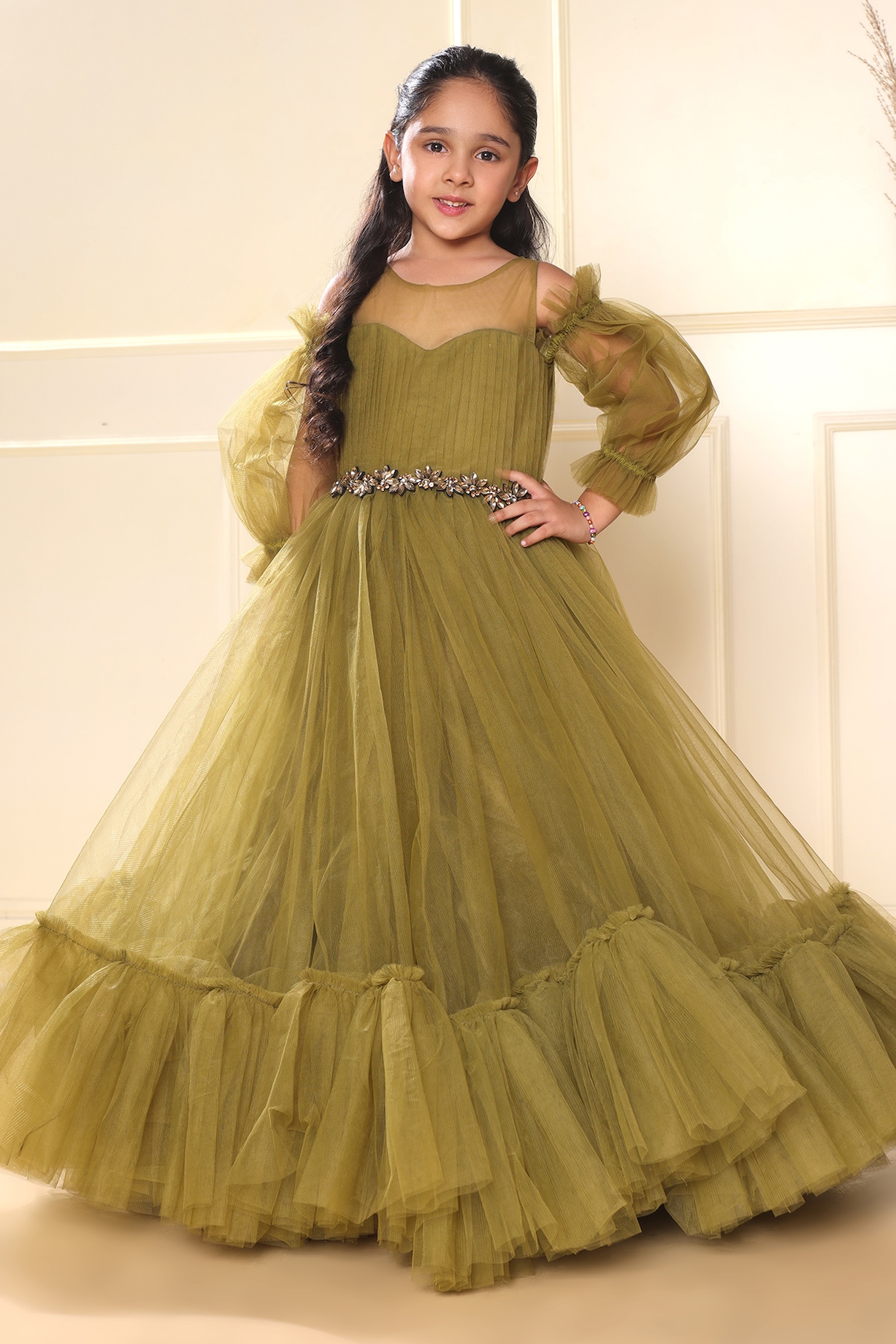 Olive Green Butterfly Net Gown With Belt For Girls by LittleCheer