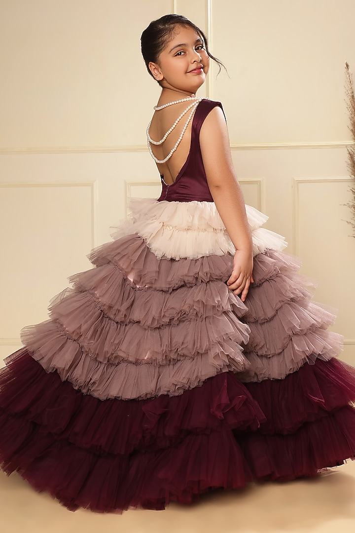 Purple Ombre Tulle Pearl Strings Tiered Gown For Girls by LittleCheer at Pernia's Pop Up Shop