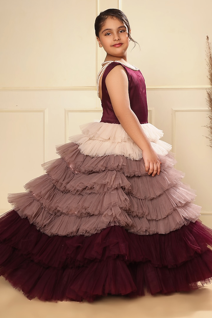 Purple Ombre Tulle Pearl Strings Tiered Gown For Girls by LittleCheer at Pernia's Pop Up Shop