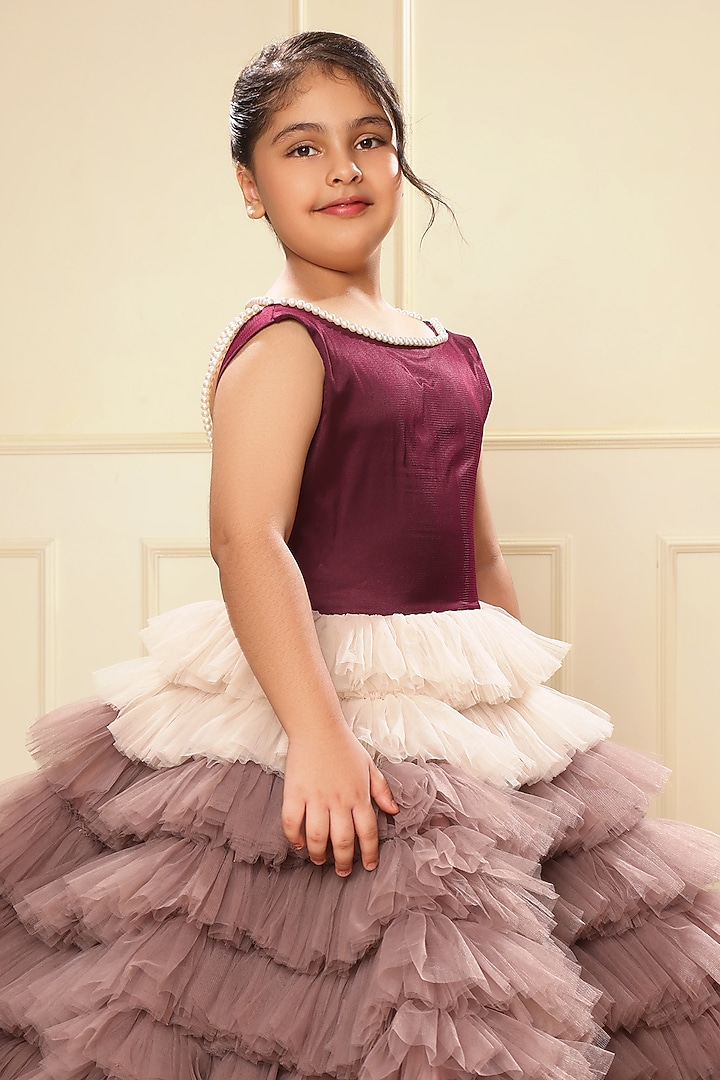 Purple Ombre Tulle Pearl Strings Tiered Gown For Girls by LittleCheer at Pernia's Pop Up Shop