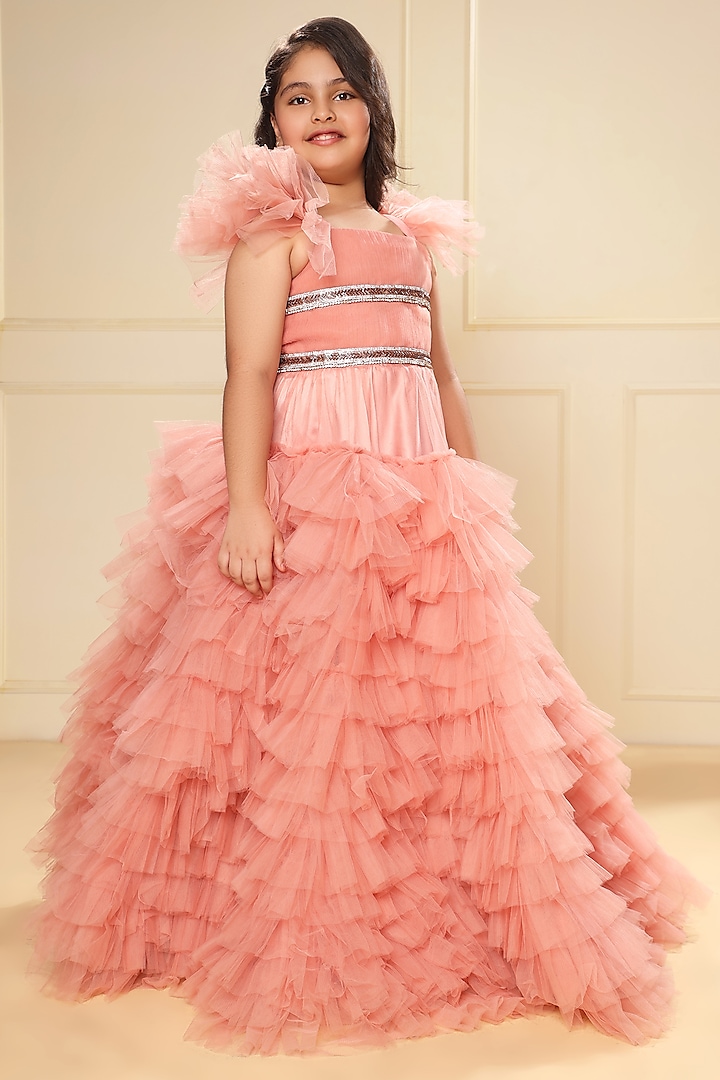 Peach Pink Butterfly Net Crystals Ruffled Gown For Girls by LittleCheer