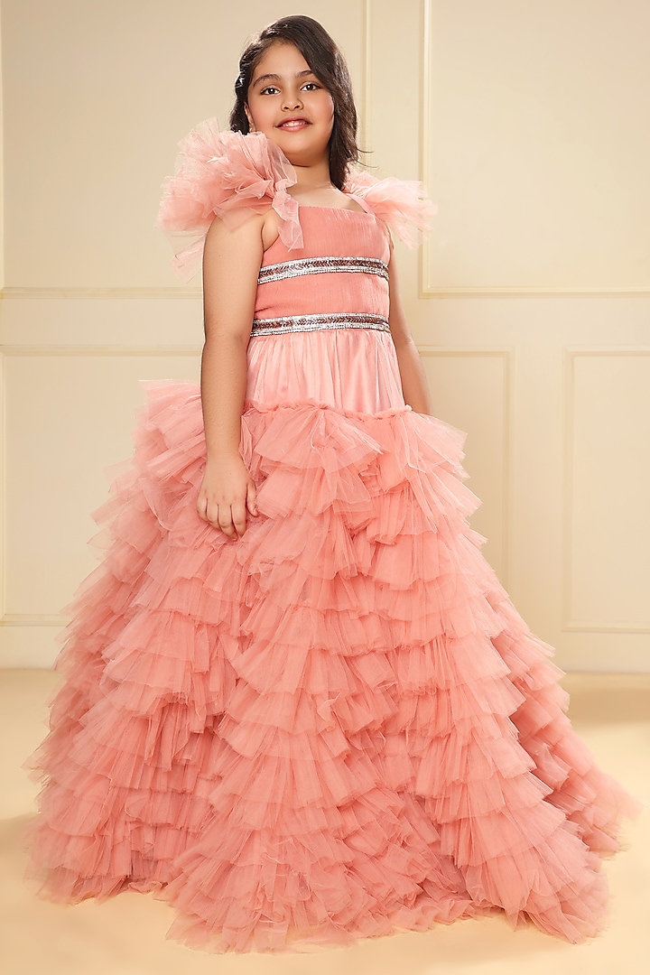 Peach Pink Butterfly Net Crystals Ruffled Gown For Girls by LittleCheer at Pernia's Pop Up Shop