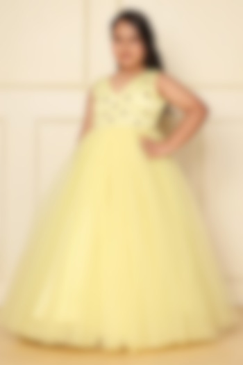 Lemon Yellow Satin Crystal Floral Gathered Gown by LittleCheer at Pernia's Pop Up Shop