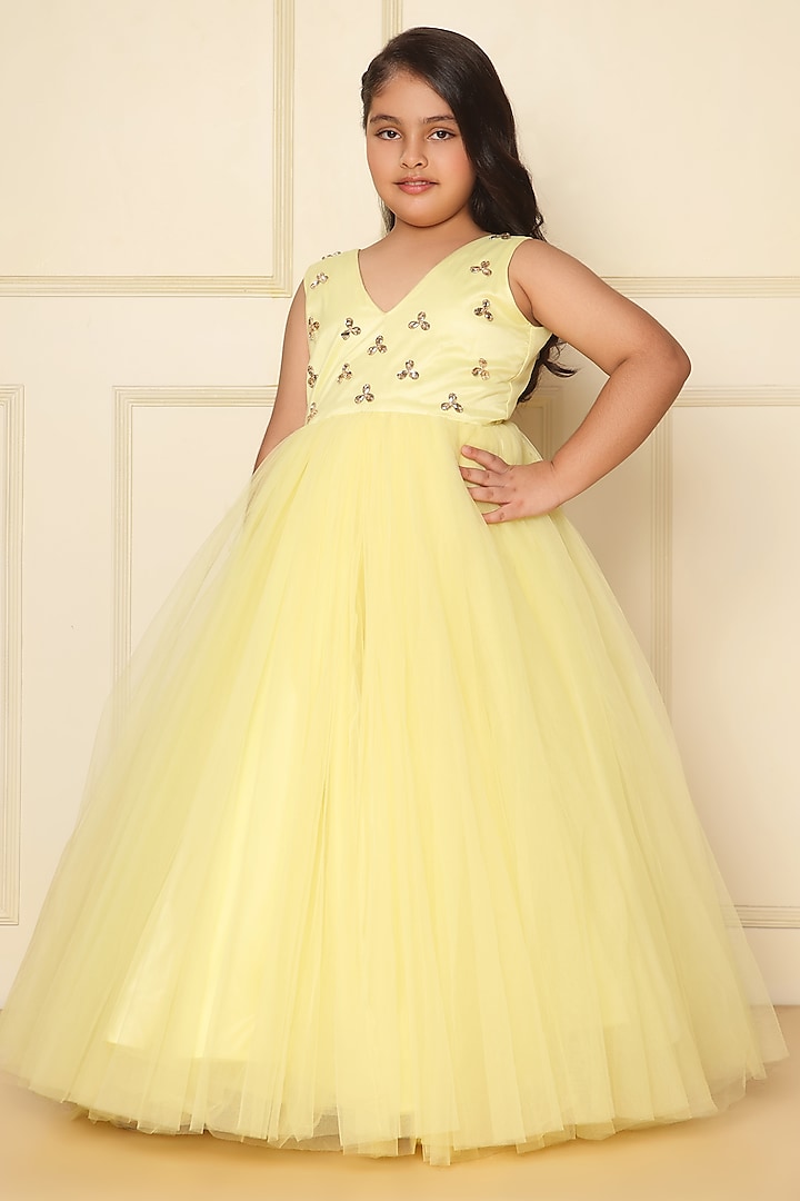 Lemon Yellow Satin Crystal Floral Gathered Gown by LittleCheer at Pernia's Pop Up Shop