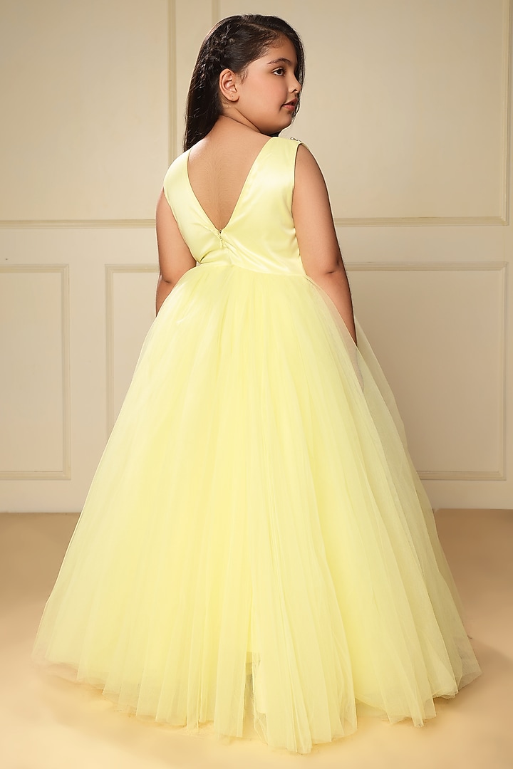 Lemon Yellow Satin Crystal Floral Gathered Gown by LittleCheer at Pernia's Pop Up Shop