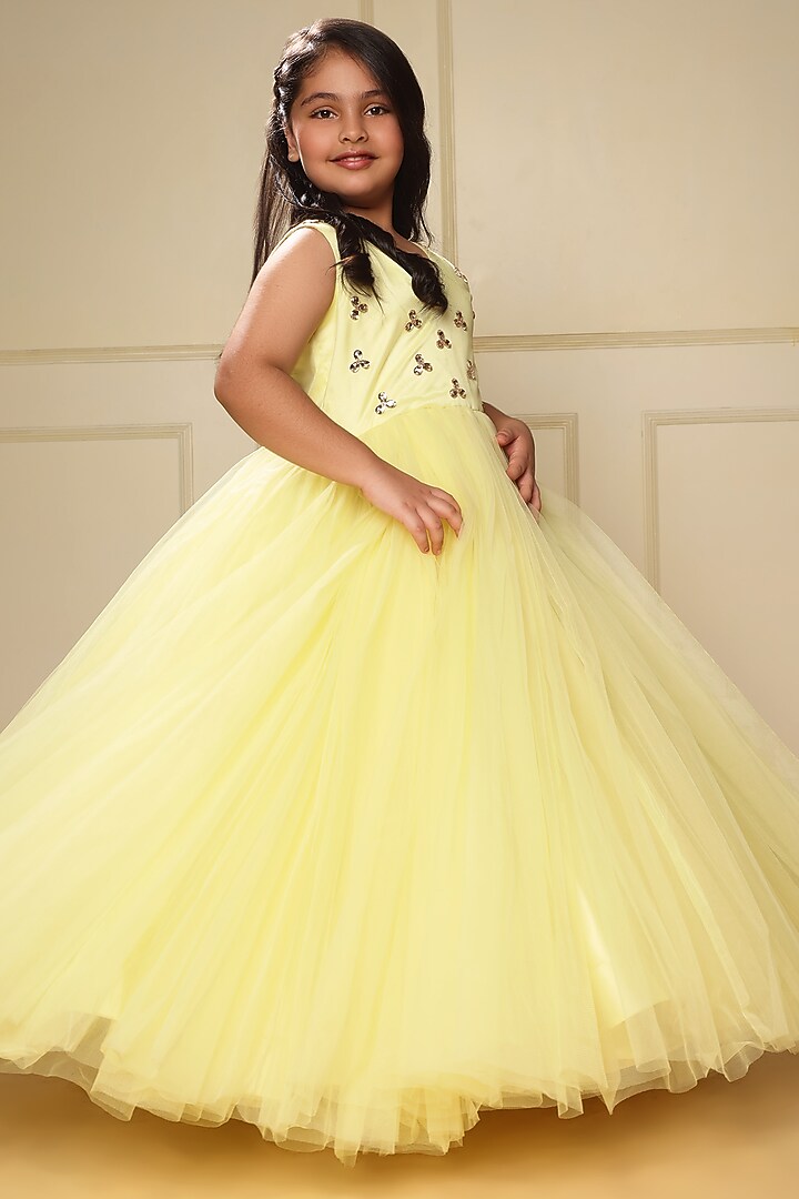 Lemon Yellow Satin Crystal Floral Gathered Gown by LittleCheer at Pernia's Pop Up Shop