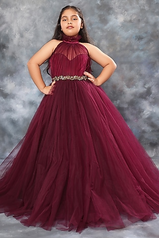 Deep Purple Tulle Draped Gown With Belt For Girls by LittleCheer