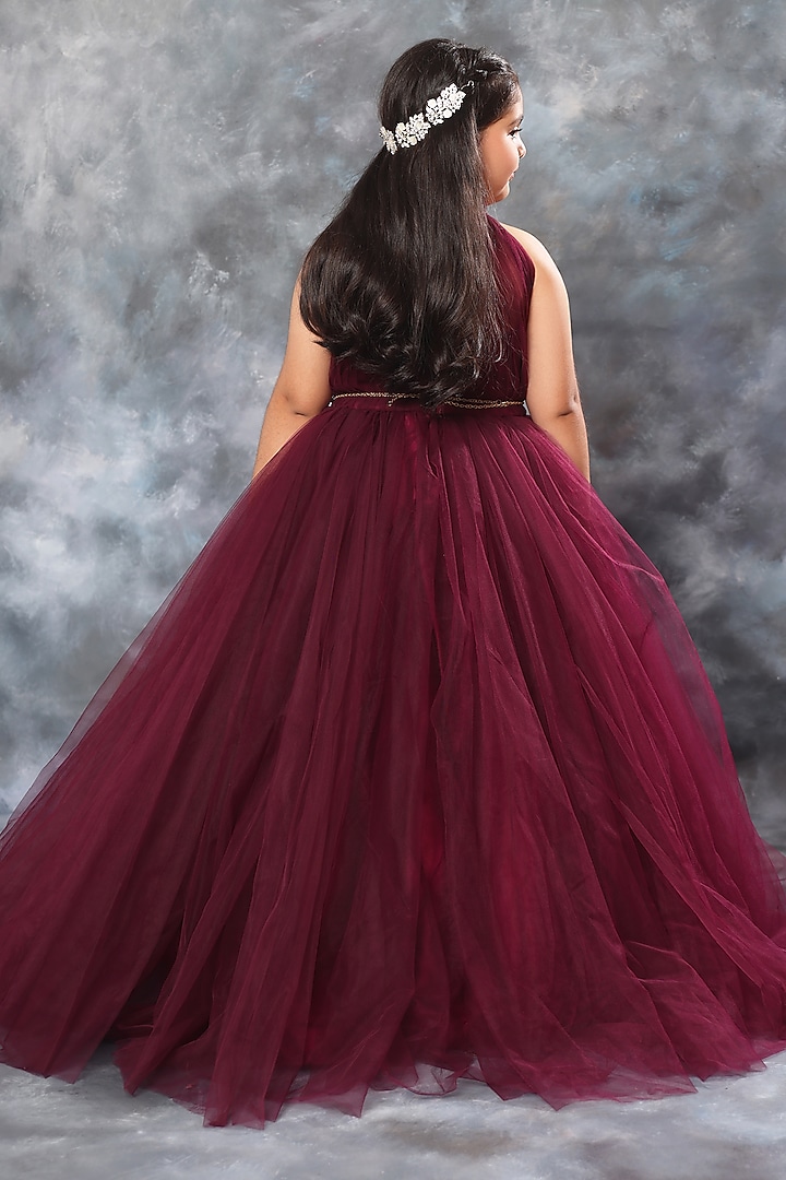 Deep Purple Tulle Draped Gown With Belt For Girls by LittleCheer at Pernia's Pop Up Shop