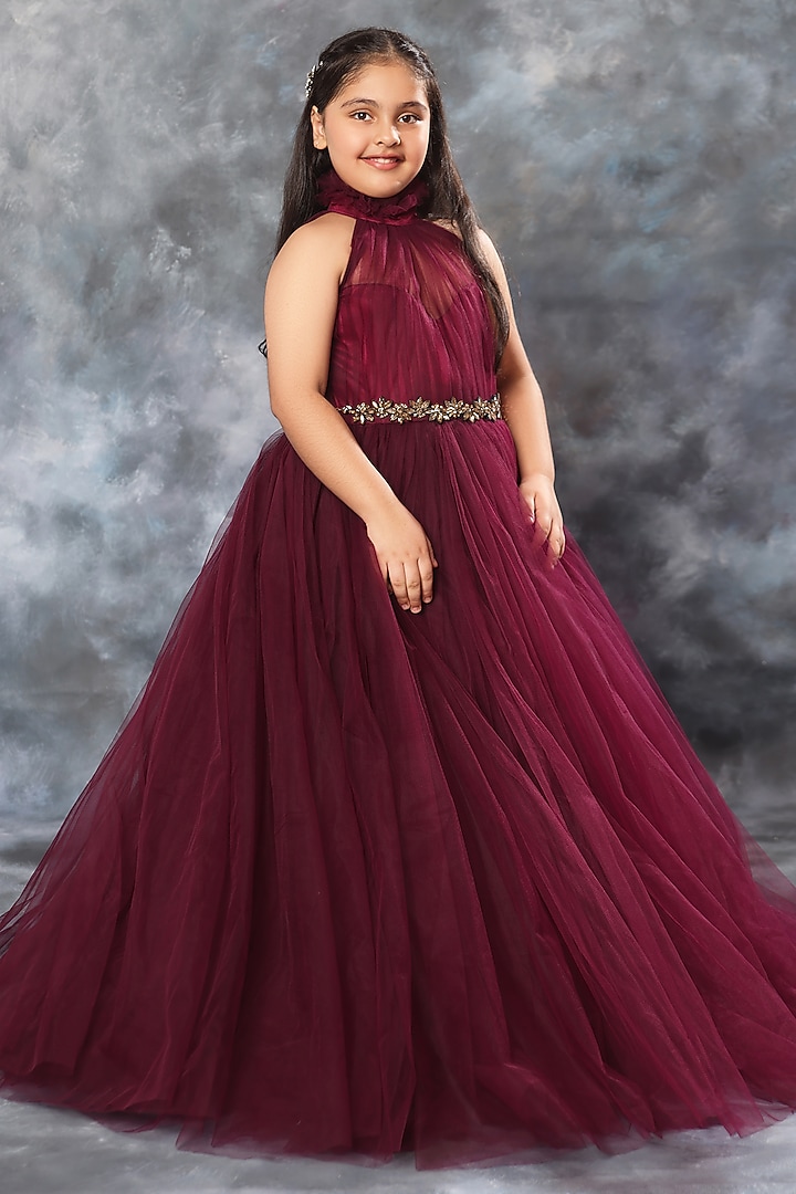 Deep Purple Tulle Draped Gown With Belt For Girls by LittleCheer at Pernia's Pop Up Shop