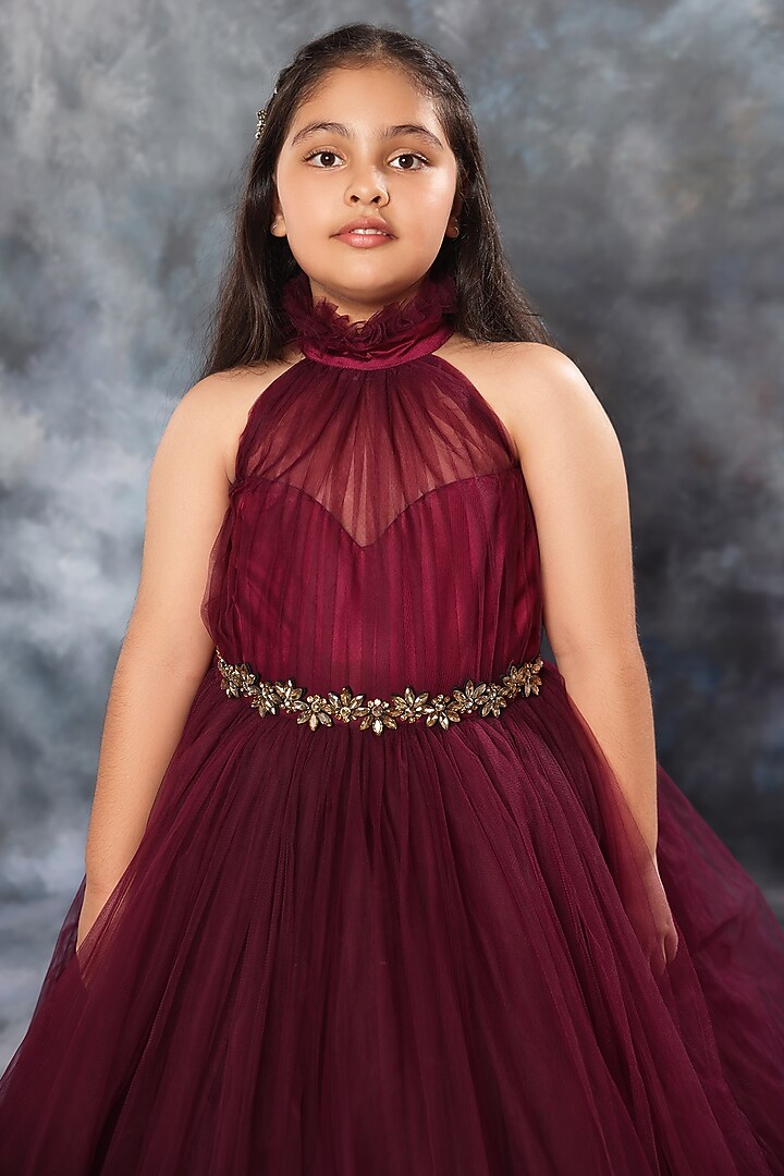 Deep Purple Tulle Draped Gown With Belt For Girls by LittleCheer at Pernia's Pop Up Shop