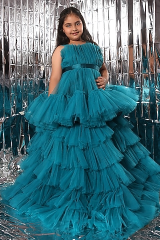 Teal blue Butterfly Net Ruffled Skirt Set For Girls by LittleCheer