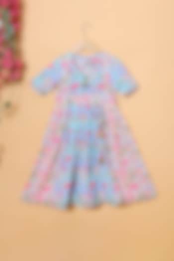 Blue & Beige Floral Printed Gown For Girls by The Little Edition
