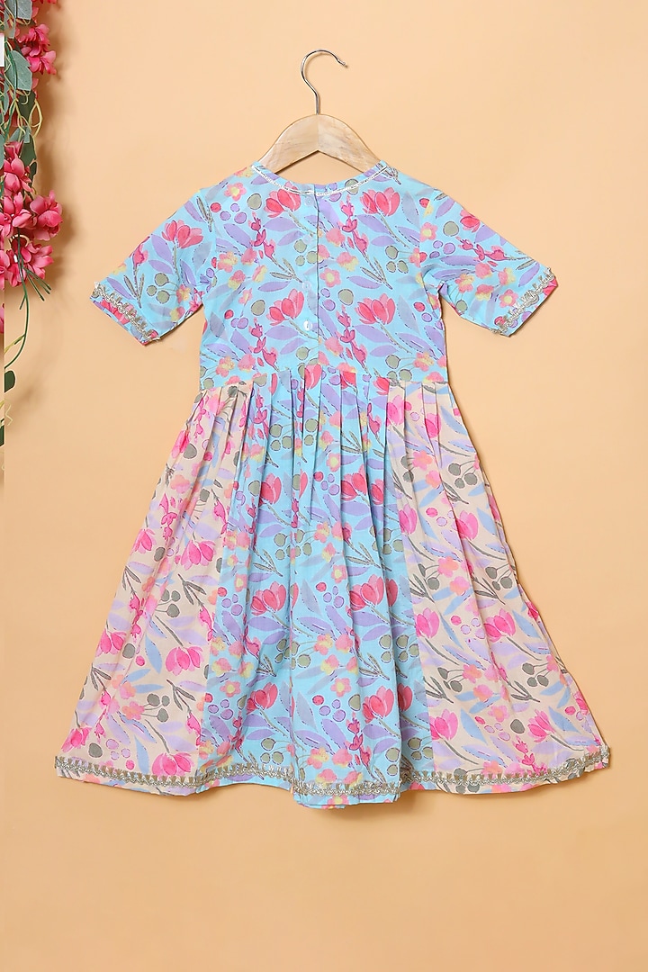 Blue & Beige Floral Printed Gown For Girls by The Little Edition at Pernia's Pop Up Shop