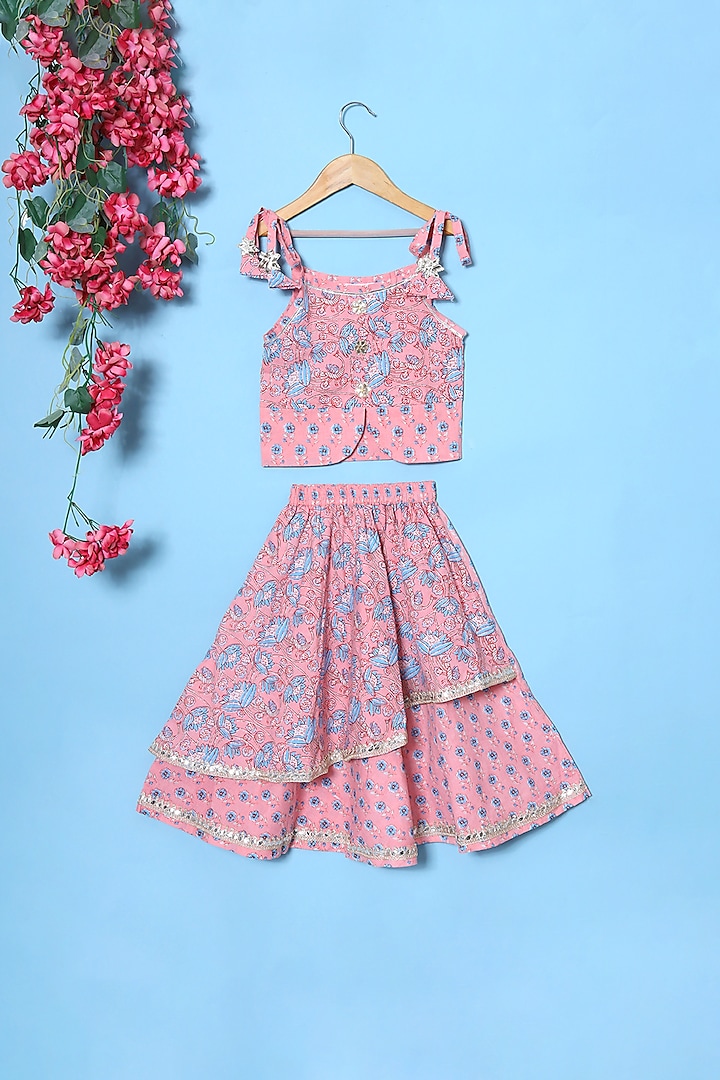 Pink Floral Printed Lehenga Set For Girls by The Little Edition