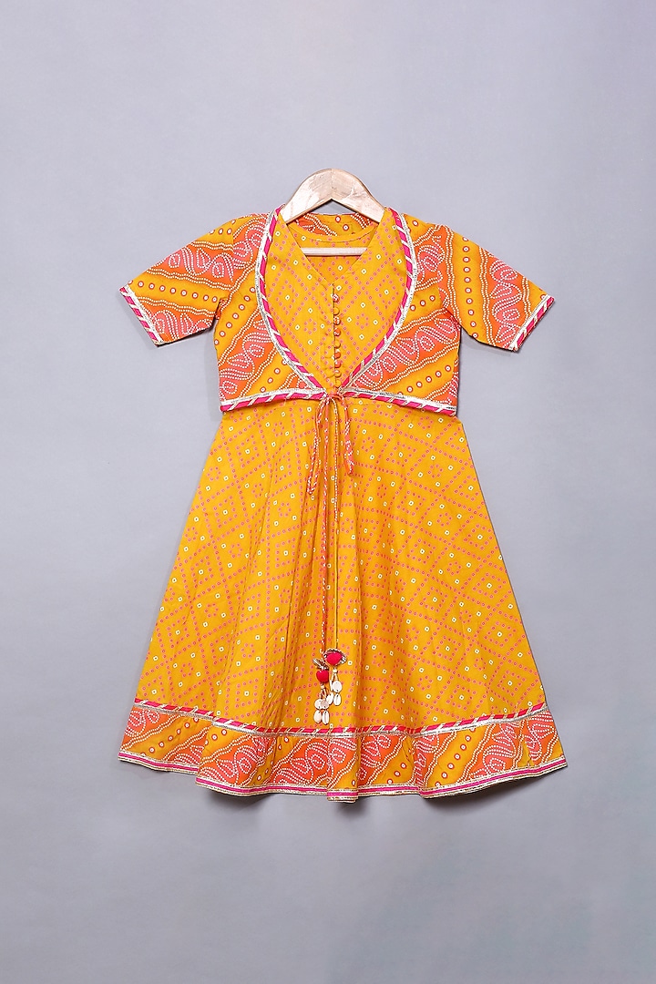 Yellow Bandhani Printed Gown With Jacket For Girls by The Little Edition