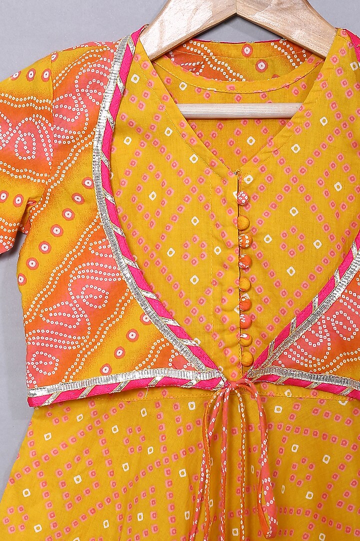 Yellow Bandhani Printed Gown With Jacket For Girls by The Little Edition at Pernia's Pop Up Shop
