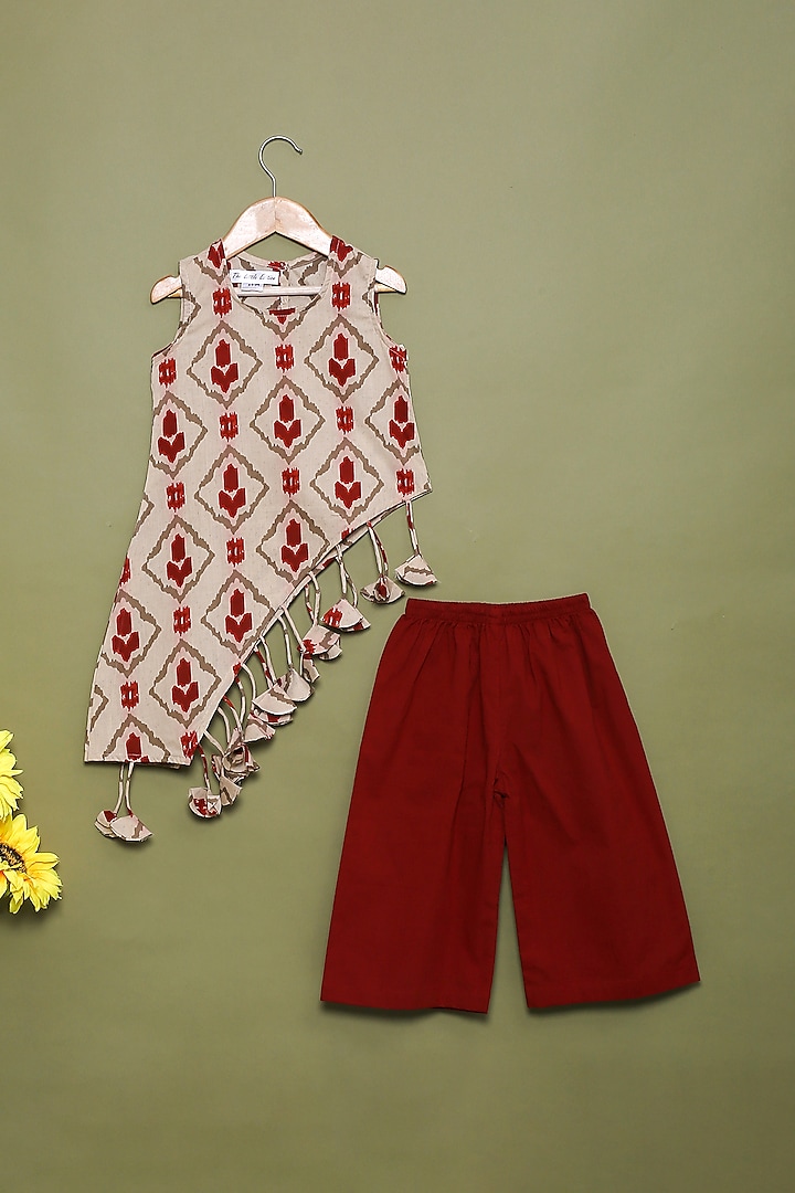 Beige Cotton Printed Kurta Set For Girls by The Little Edition